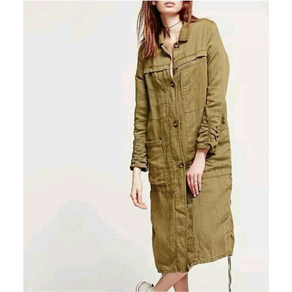Free People Olive Duster Trench Coat LARGE Oversized Linen Long Fall Grunge Rare - Picture 2 of 9